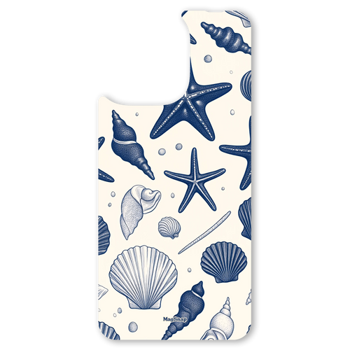 The Deep Sea Shells interchangeable magnetic backplate is displayed on an iPhone 15.