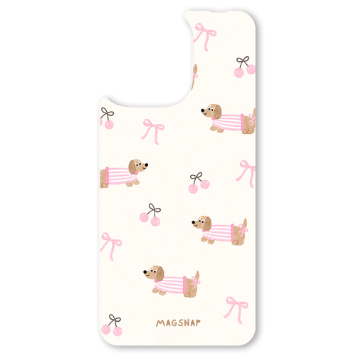 The Doxie in Pink interchangeable magnetic backplate is displayed on an iPhone 15.