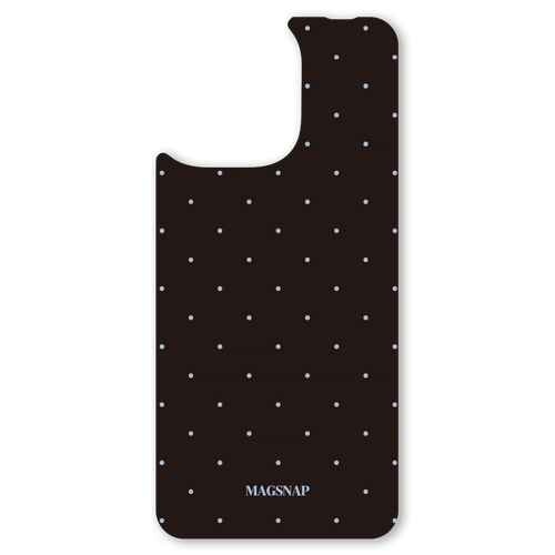 The Espresso Blue Dot interchangeable magnetic backplate is displayed on an iPhone 15.