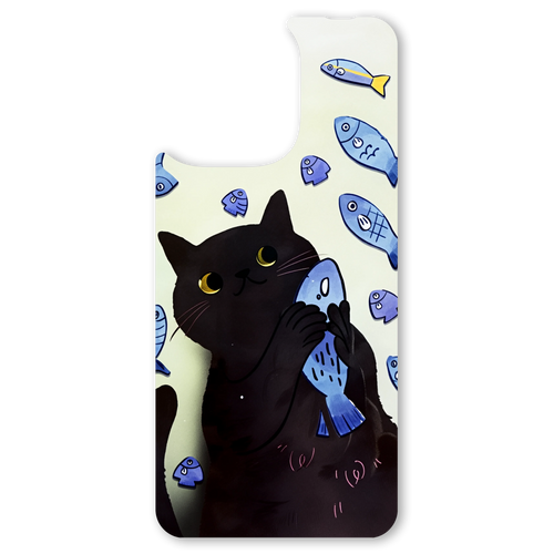 The Fish Lover Cat interchangeable magnetic backplate is displayed on an iPhone 15.