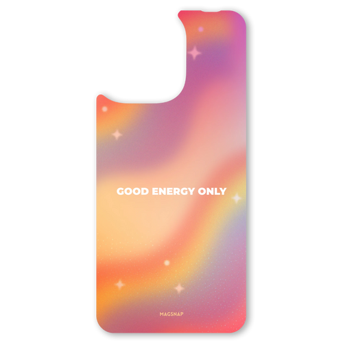 The GOOD ENERGY ONLY interchangeable magnetic backplate is displayed on an iPhone 15.