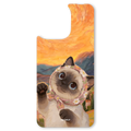 The Golden Hour Cat interchangeable magnetic backplate is displayed on an iPhone 15.
