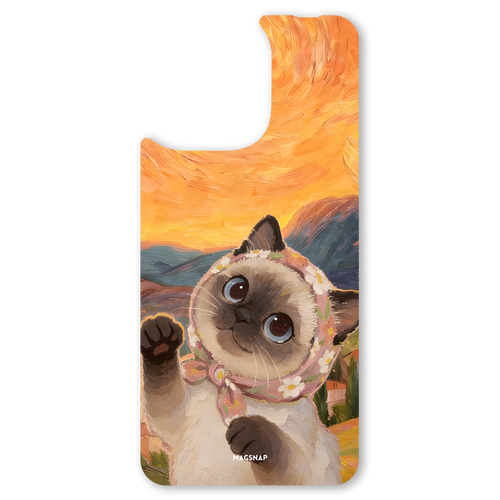 The Golden Hour Cat interchangeable magnetic backplate is displayed on an iPhone 15.