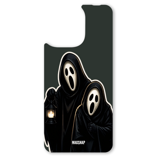 The Haunted Lanterns (Green) interchangeable magnetic backplate is displayed on an iPhone 15.