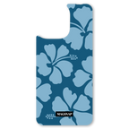 The Hibiscus Bloom (Blue Crush) interchangeable magnetic backplate is displayed on an iPhone 15.