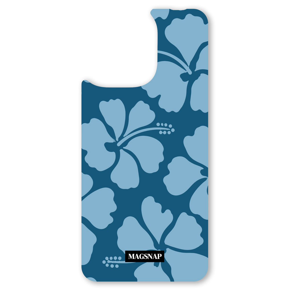 The Hibiscus Bloom (Blue Crush) interchangeable magnetic backplate is displayed on an iPhone 15.