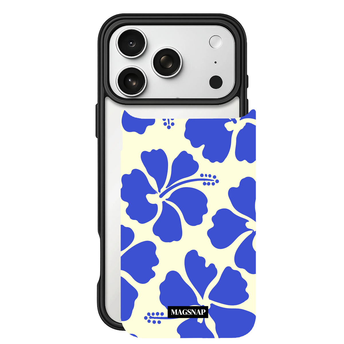 Hibiscus Bloom (Vanilla Blue) – iPhone 17 Black Case split view