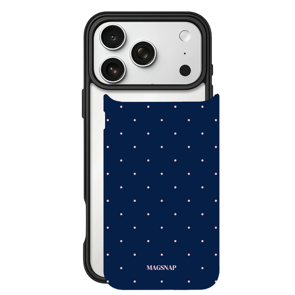 Navy Blush Dot – iPhone 17 Black Case split view