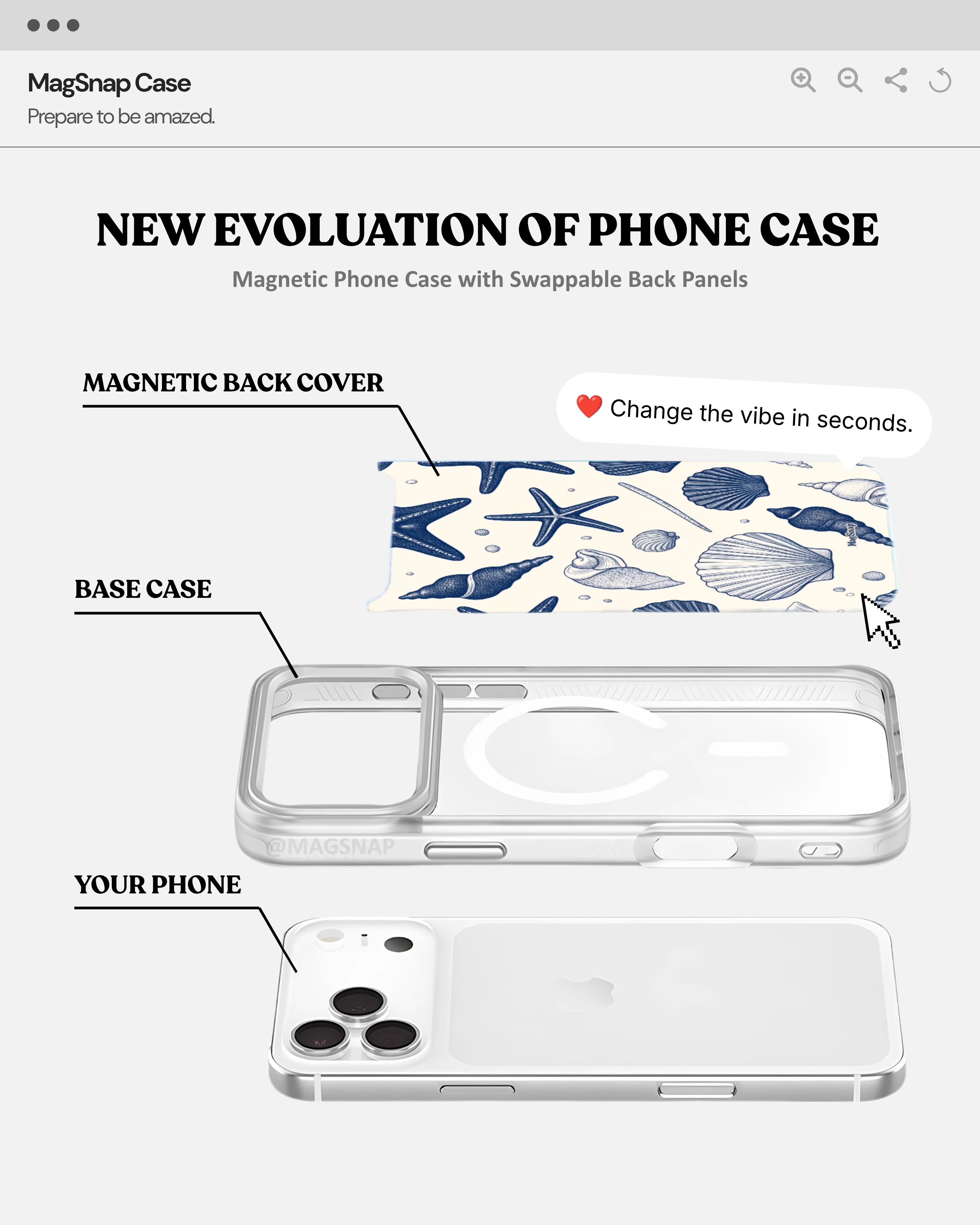 Promotional graphic for a MagSnap Case showing a magnetic phone case with swappable back panels. The design includes a blue and white seashell and starfish pattern on the back, a clear transparent base case, and a white phone shown as an example.