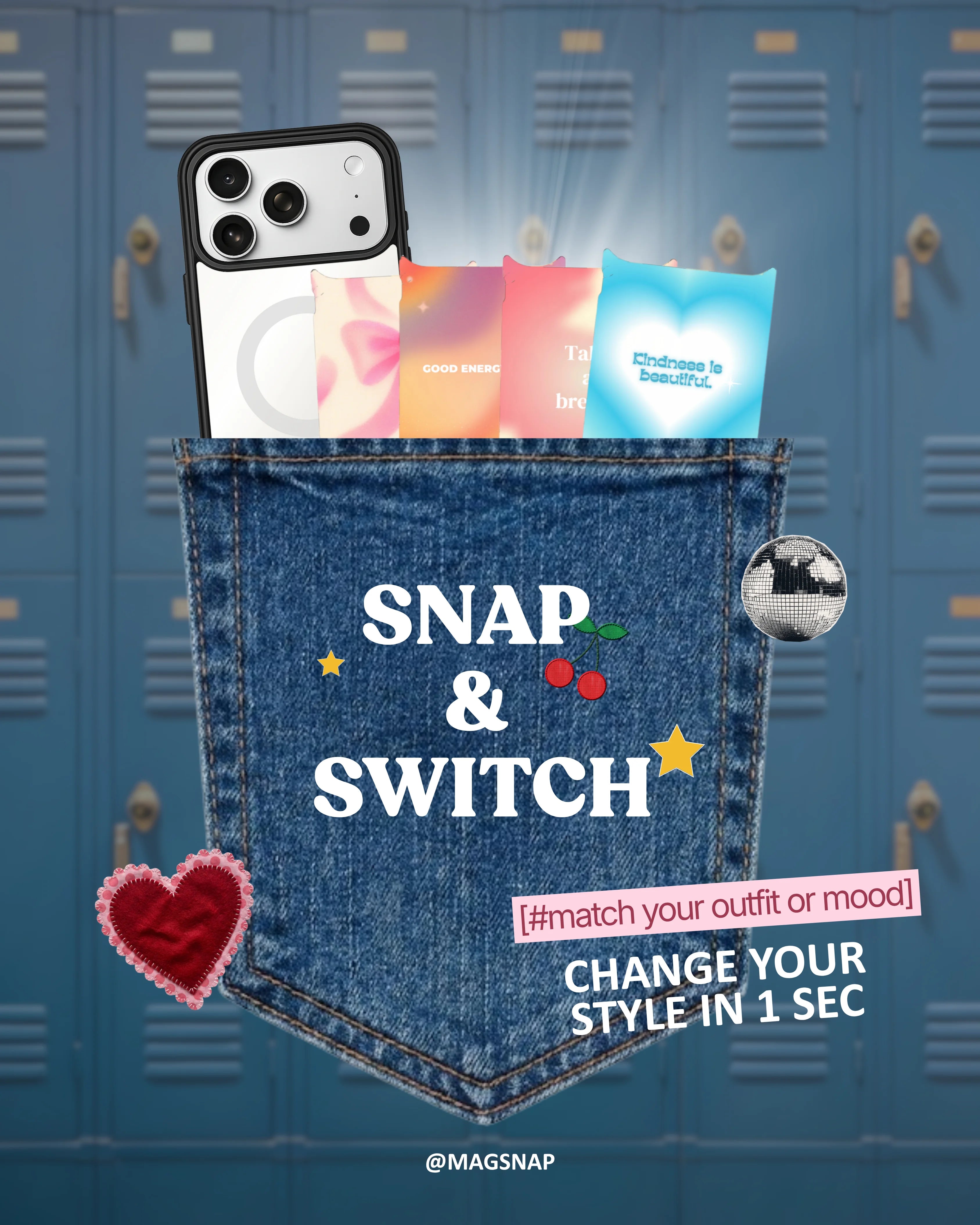 Promotional image for MagSnap magnetic phone case featuring a blue denim pocket against a background of blue school lockers. Inside the pocket are an iPhone and four colorful, swappable magnetic back panels. Text reads "SNAP & SWITCH" and "CHANGE YOUR STYLE IN 1 SEC".