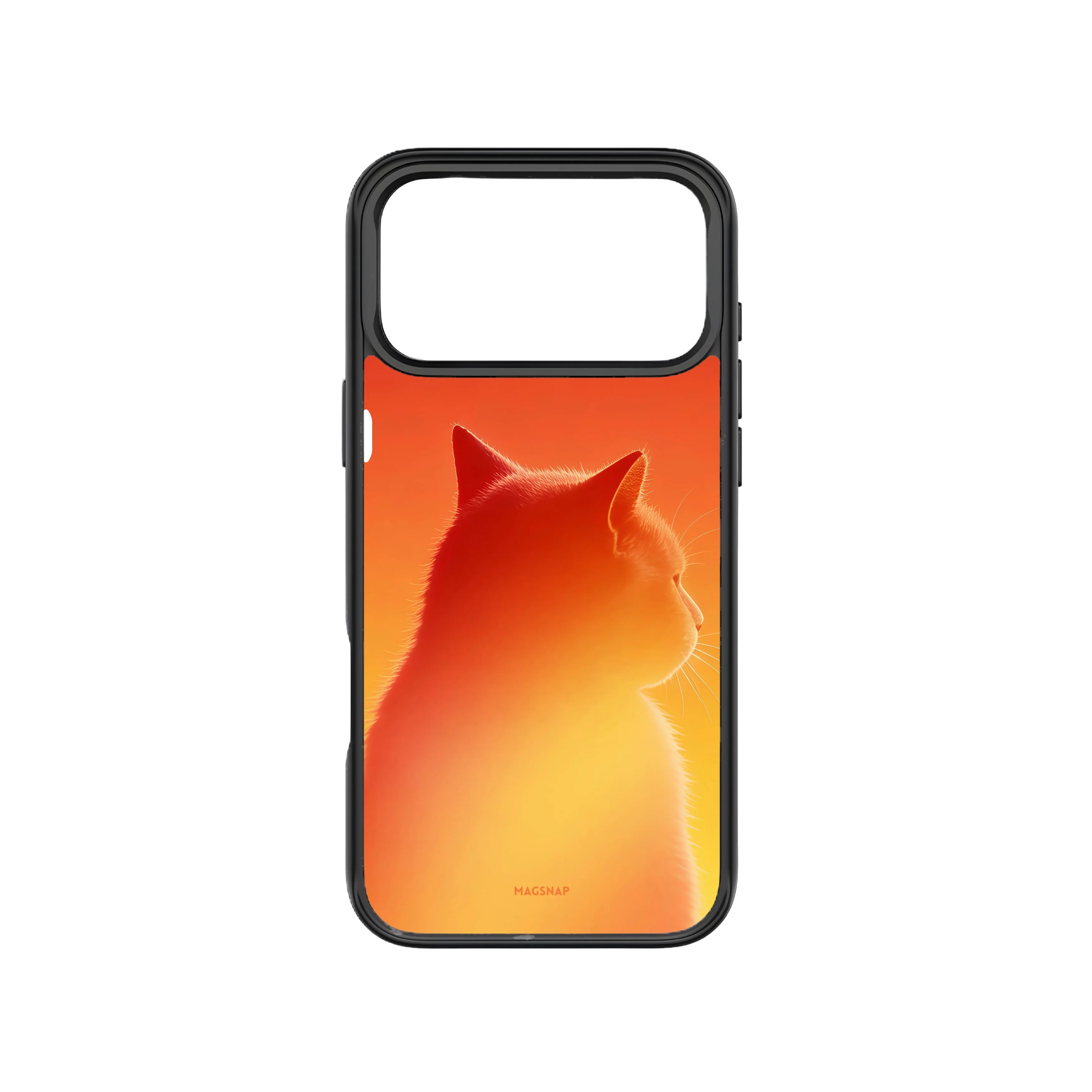 MagSnap magnetic phone case with fiery orange gradient cat explorer silhouette