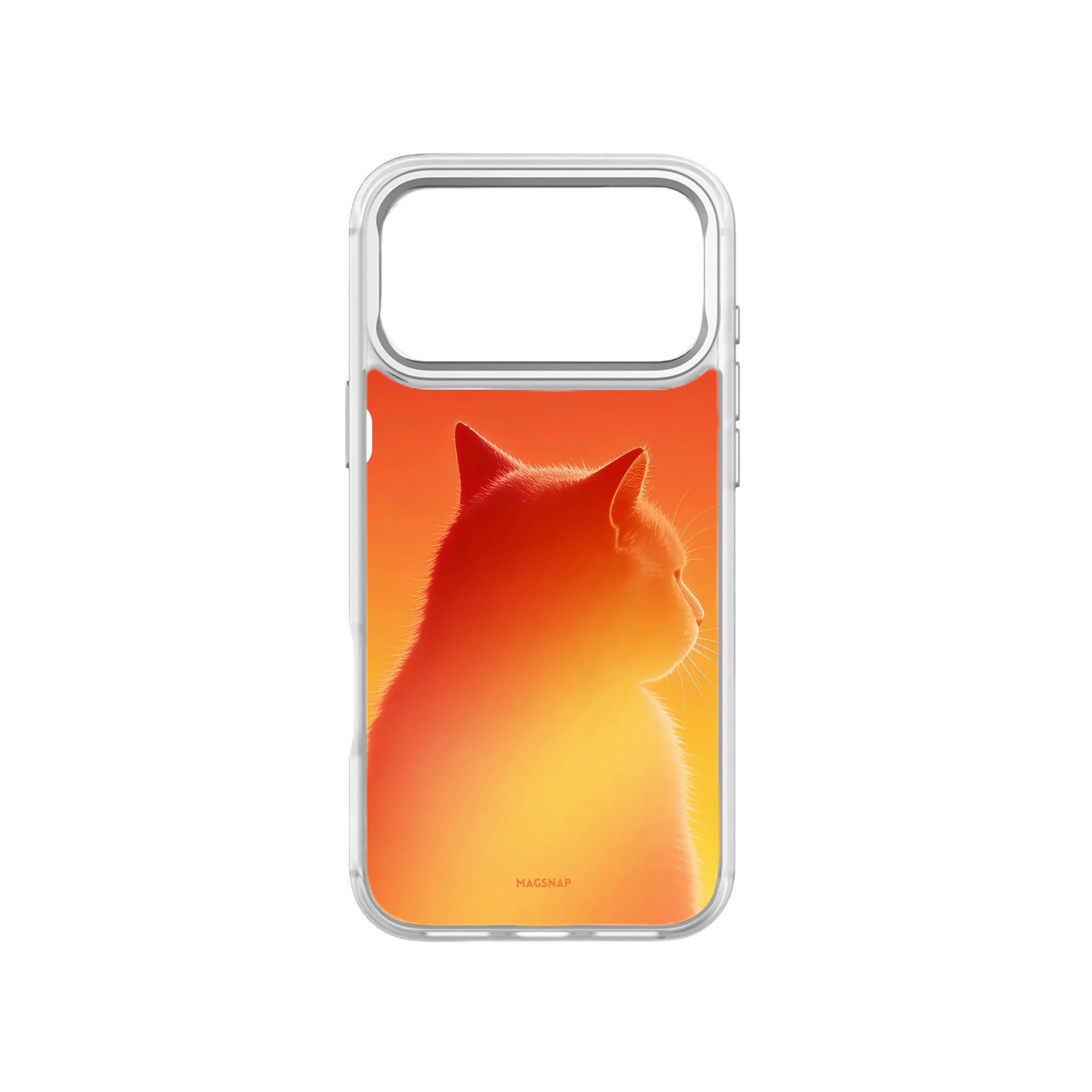 MagSnap magnetic phone case with fiery orange gradient cat explorer silhouette