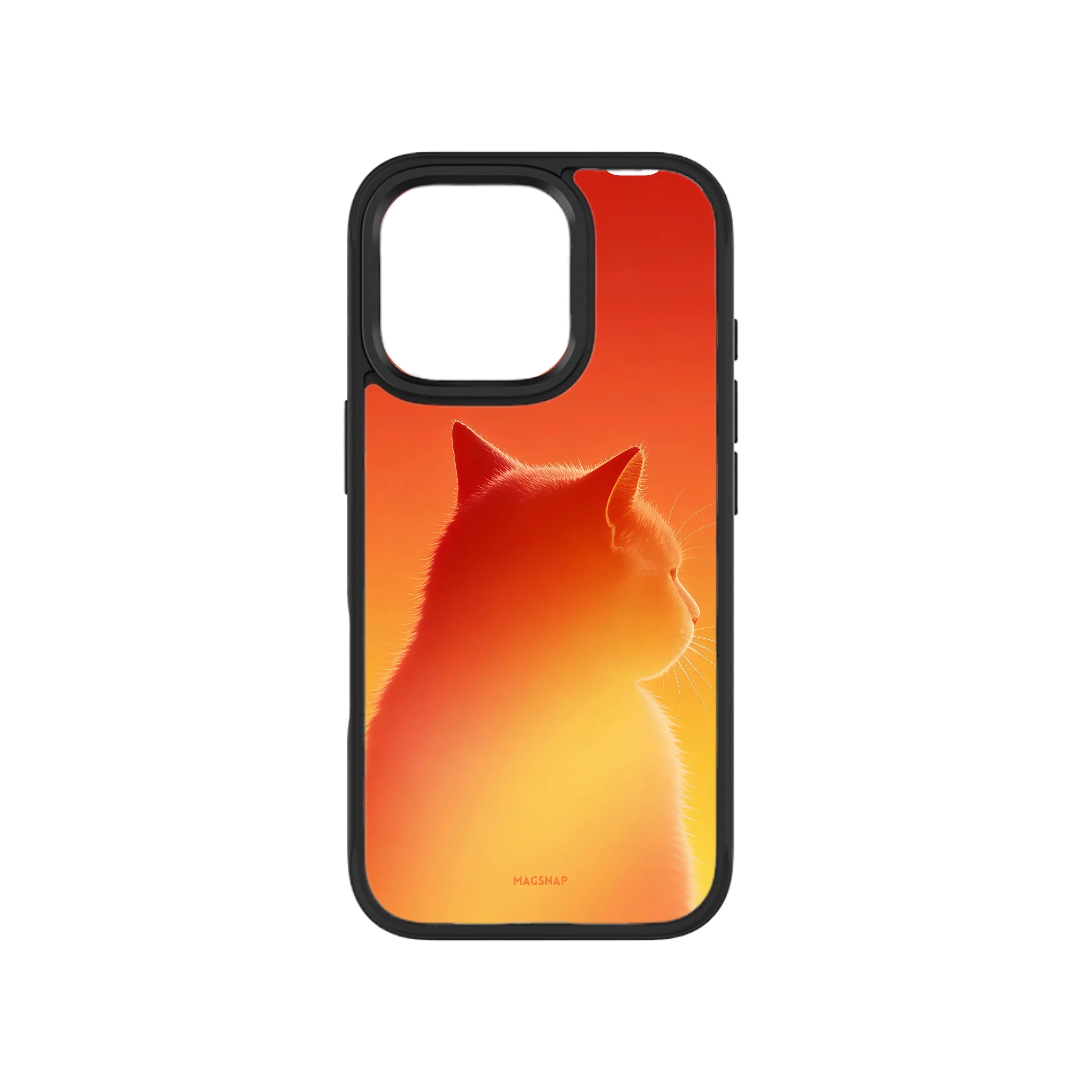 MagSnap magnetic phone case with fiery orange gradient cat explorer silhouette