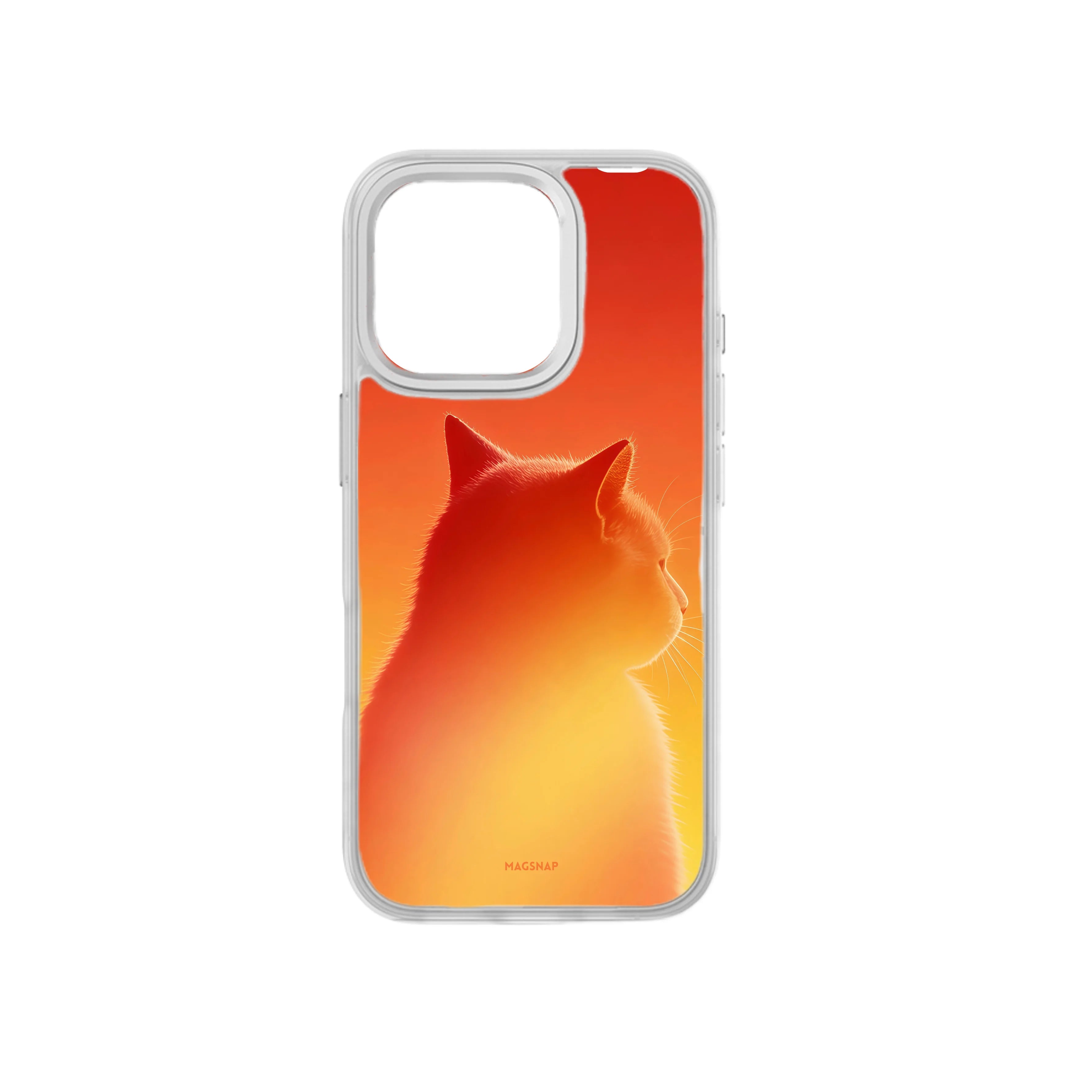 MagSnap magnetic phone case with fiery orange gradient cat explorer silhouette