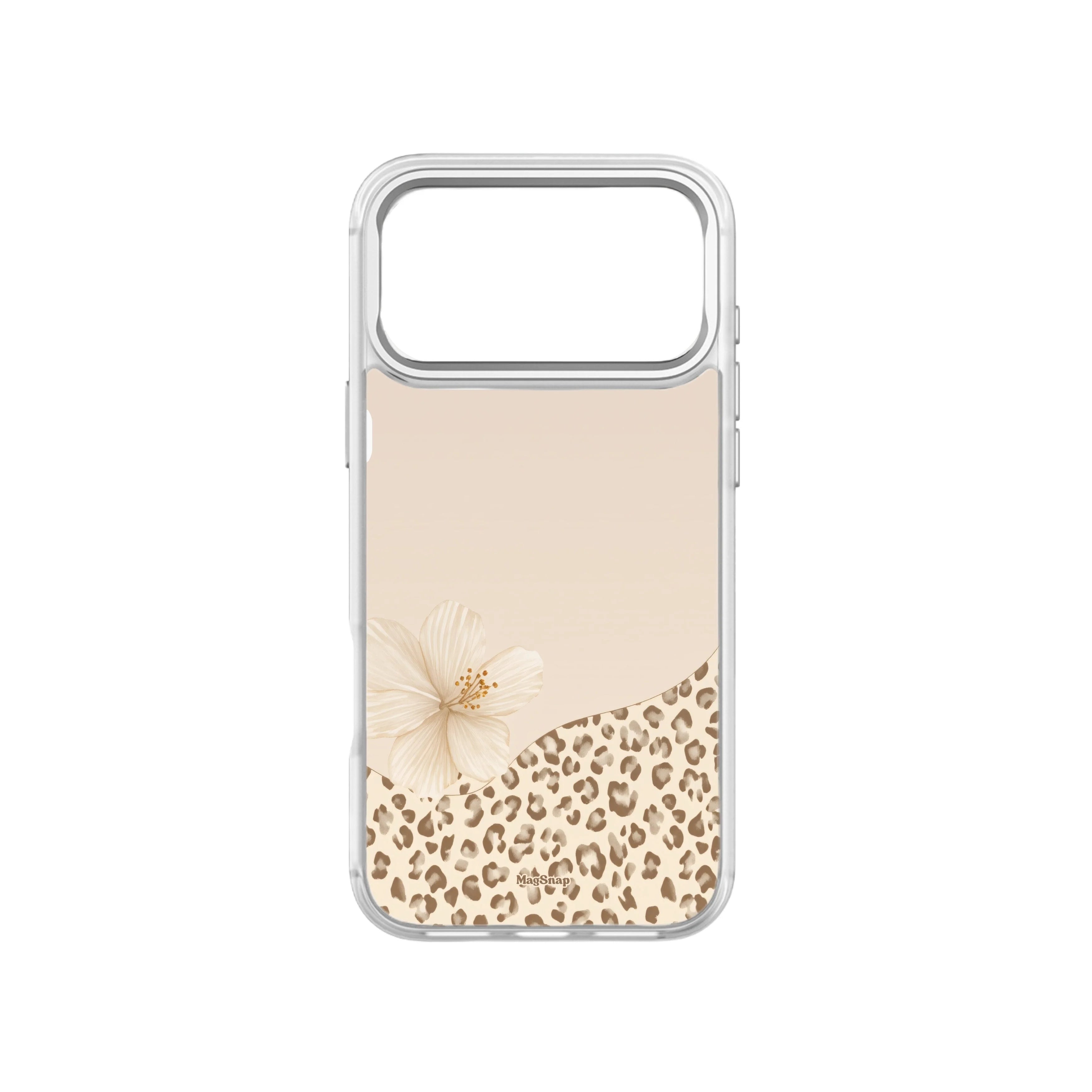 MagSnap magnetic phone case with leopard print and cream flower design