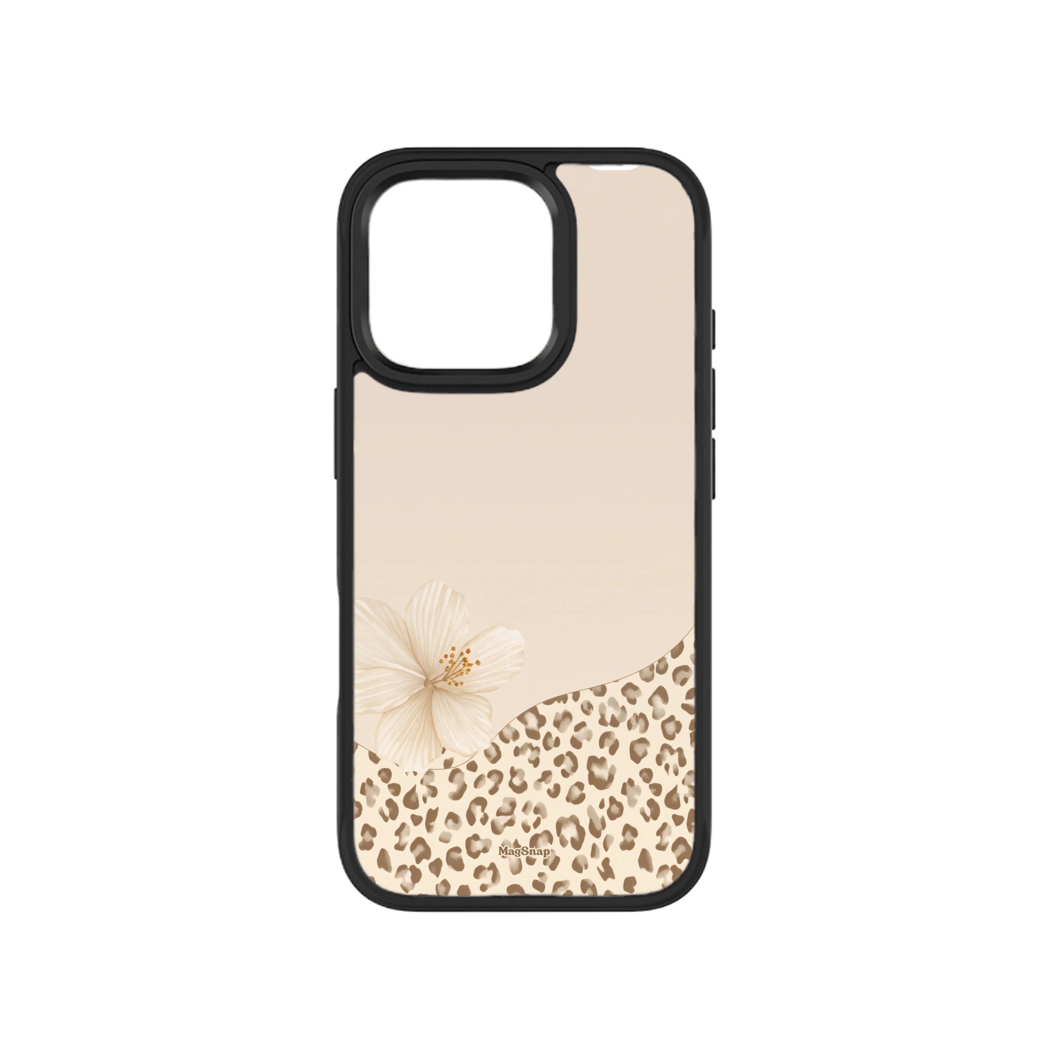 MagSnap magnetic phone case with leopard print and cream flower design