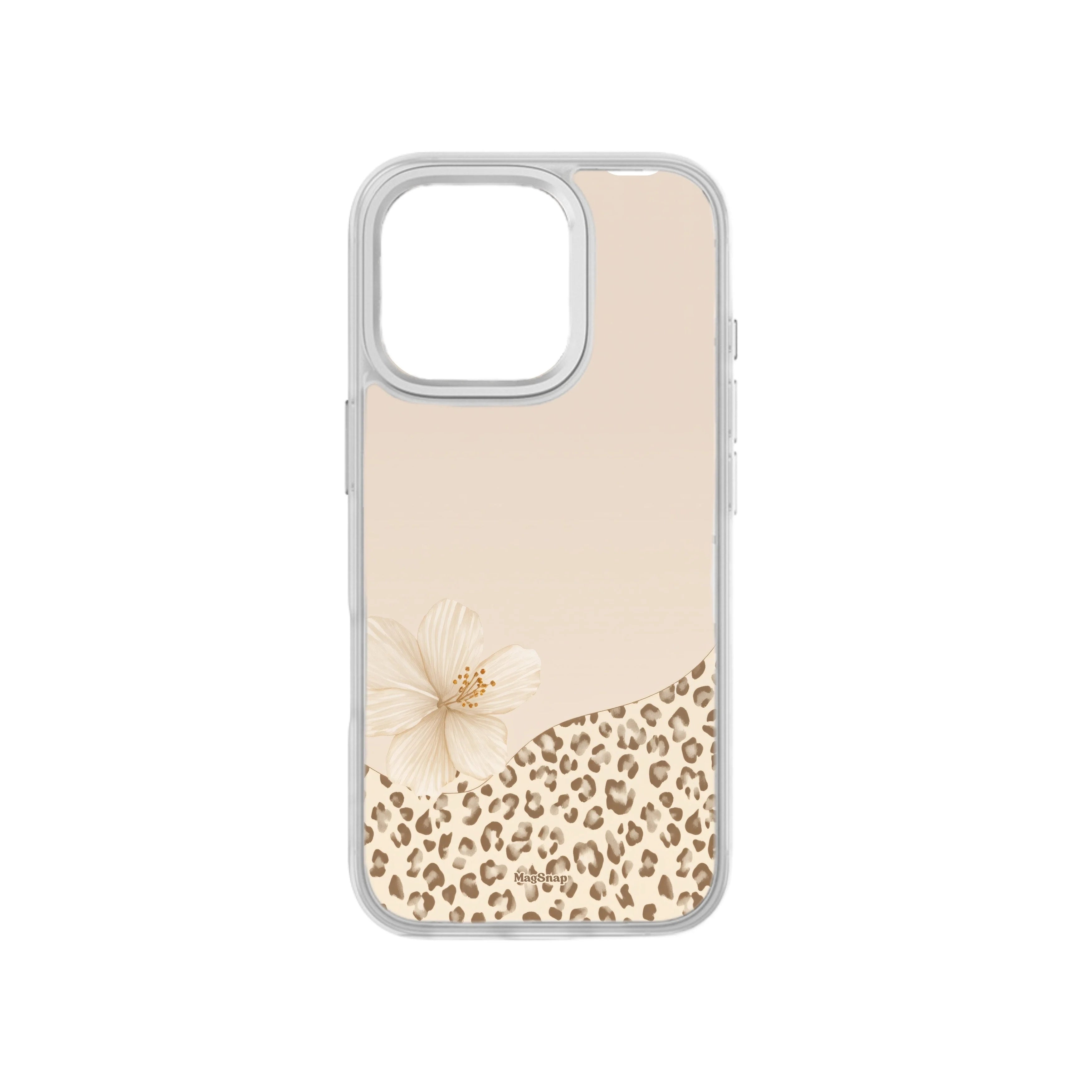 MagSnap magnetic phone case with leopard print and cream flower design