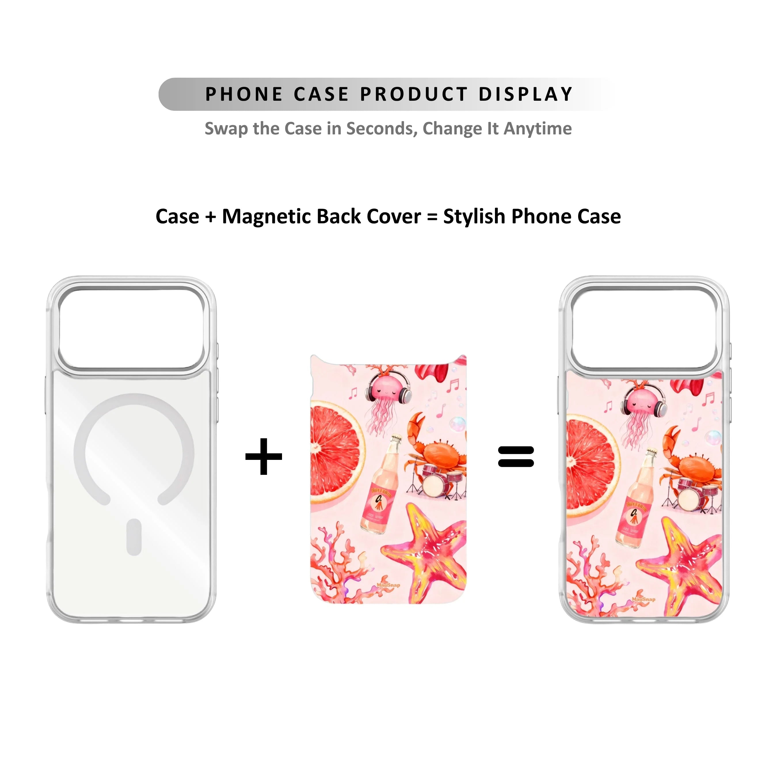 MagSnap magnetic phone case with pink starfish and jellyfish sea life artwork