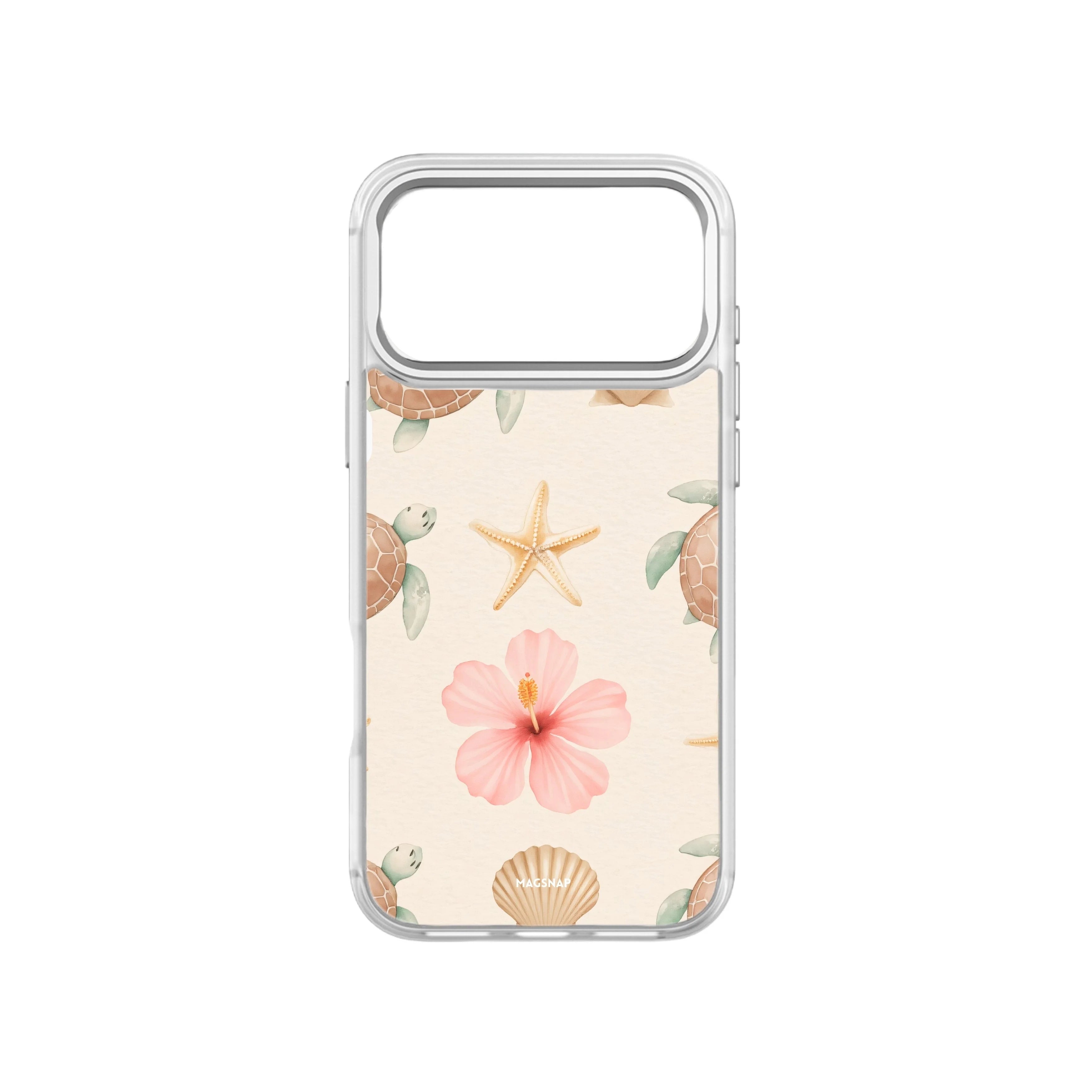 MagSnap magnetic phone case with sand, seashells, starfish and pink flower coastal design