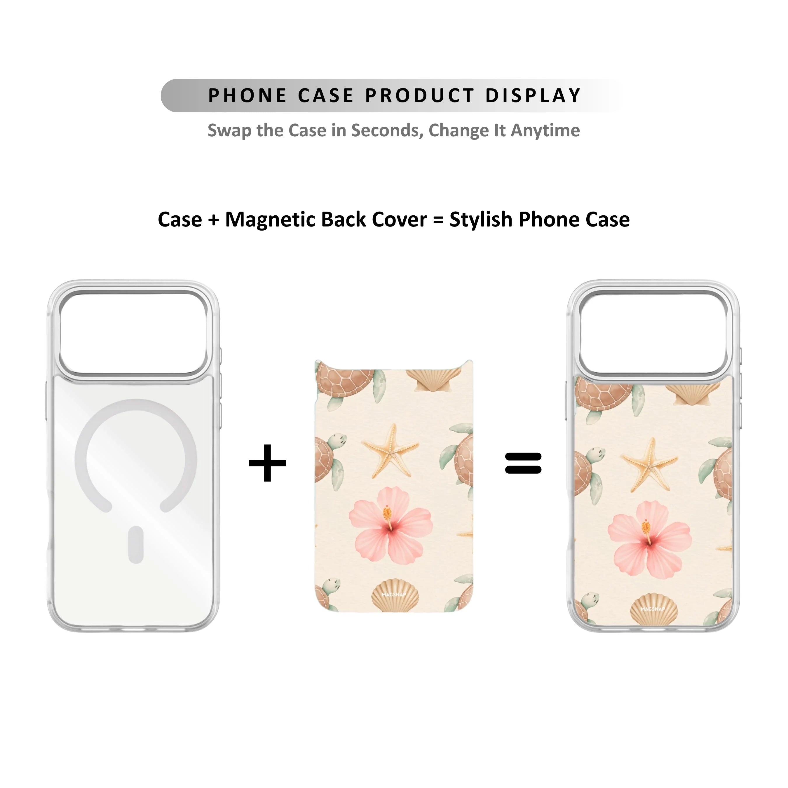 MagSnap magnetic phone case with sand, seashells, starfish and pink flower coastal design