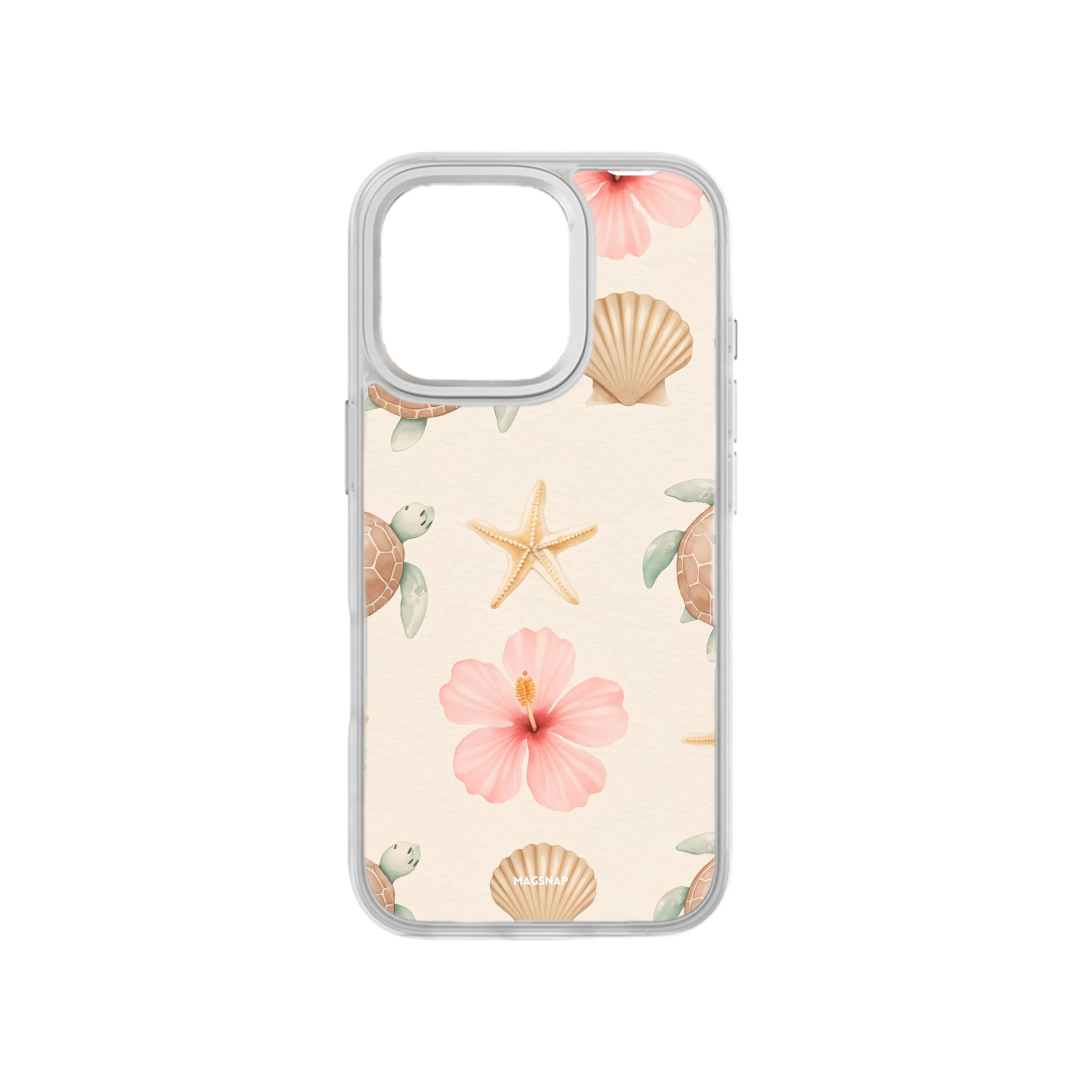 MagSnap magnetic phone case with sand, seashells, starfish and pink flower coastal design