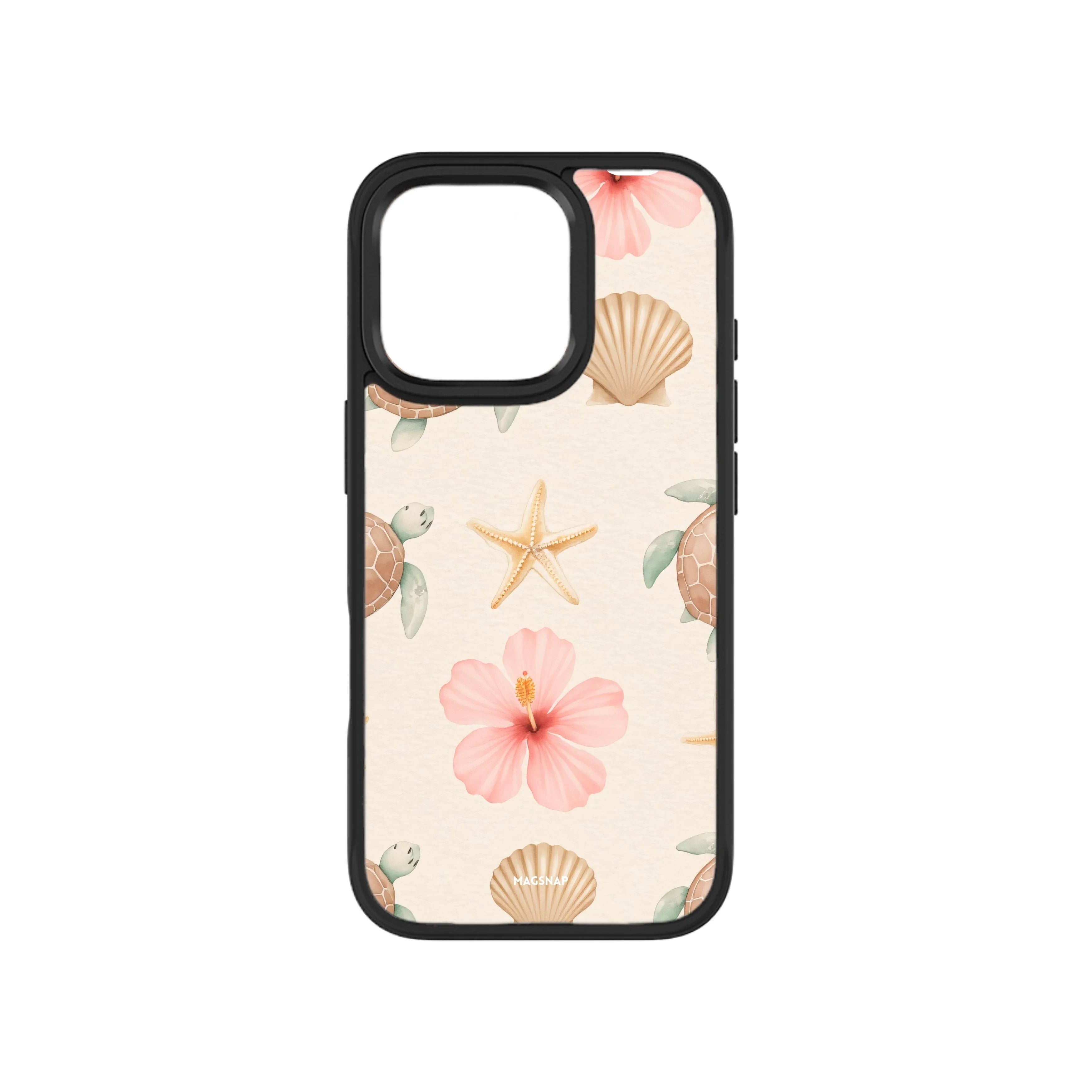 MagSnap magnetic phone case with sand, seashells, starfish and pink flower coastal design