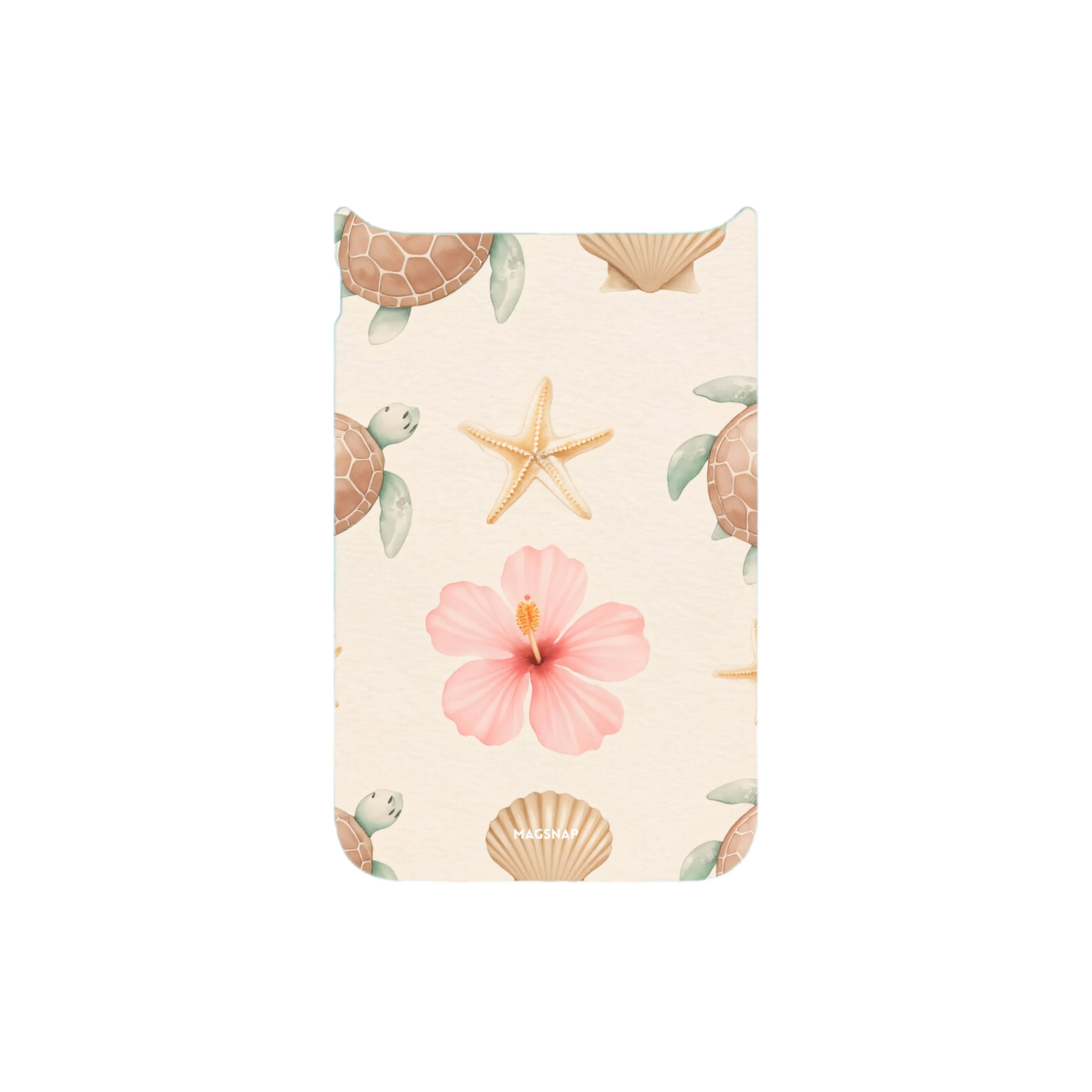 MagSnap magnetic phone case with sand, seashells, starfish and pink flower coastal design