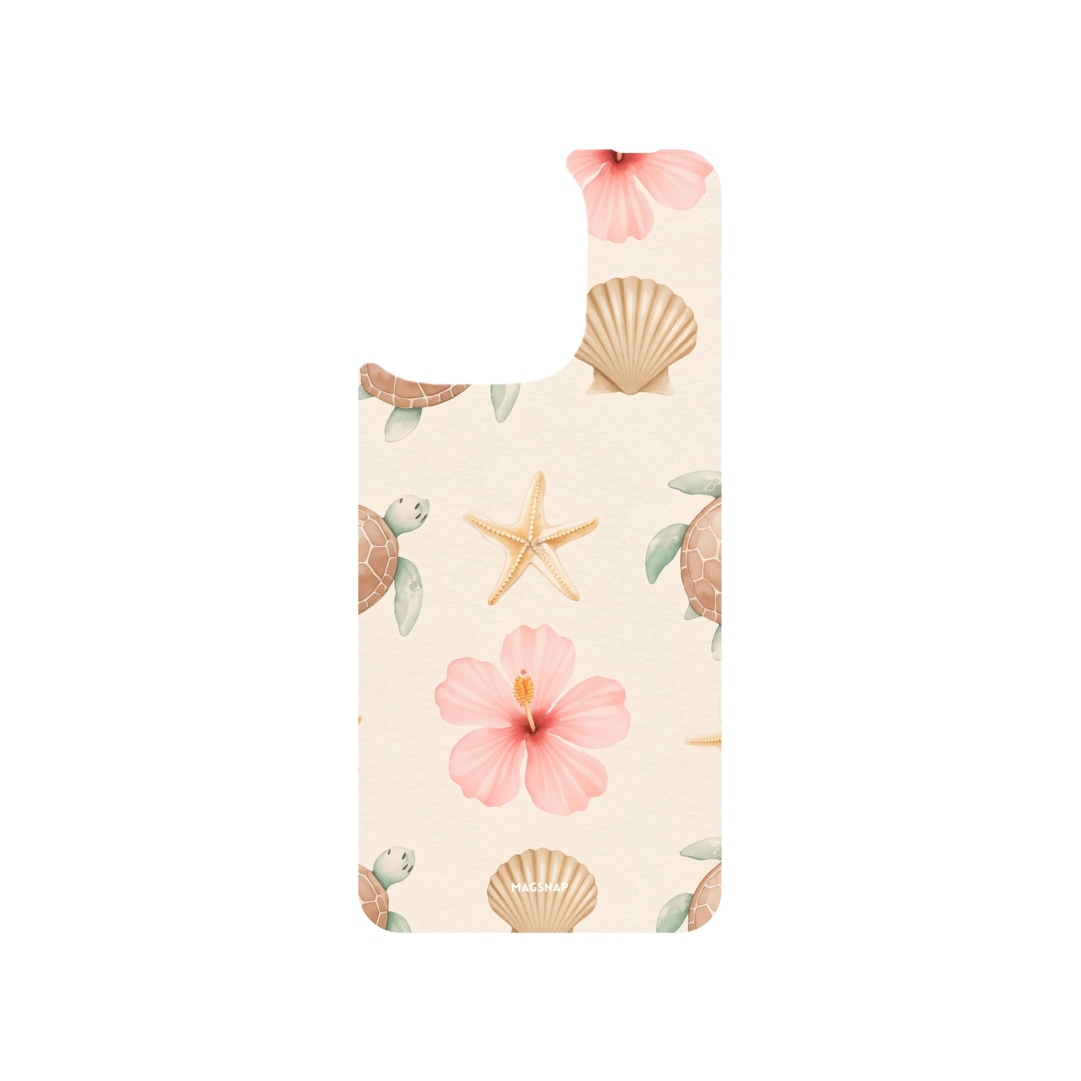 MagSnap magnetic phone case with sand, seashells, starfish and pink flower coastal design